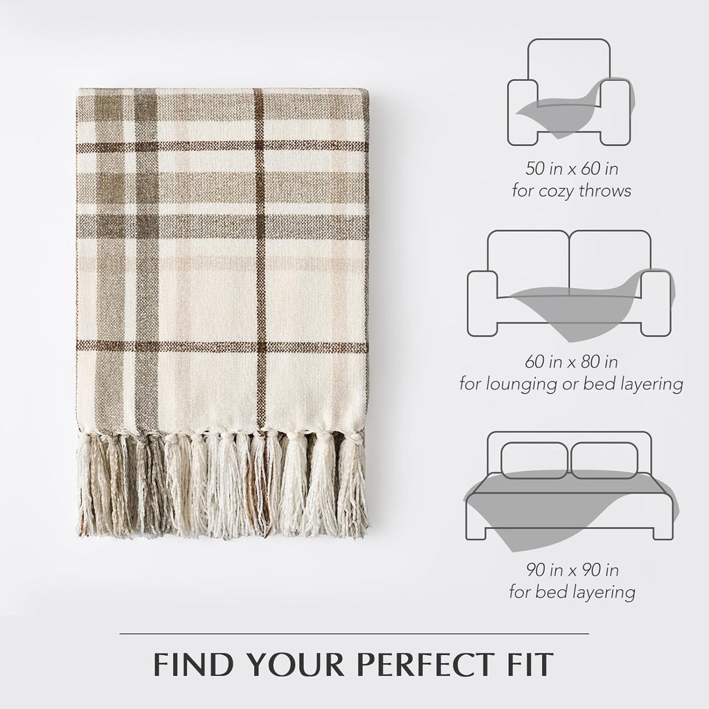 Plaid Chenille Throw Blanket, Super Soft Cozy Decorative Farmhouse Plaid Throw with Tassels, Lightweight Chenille