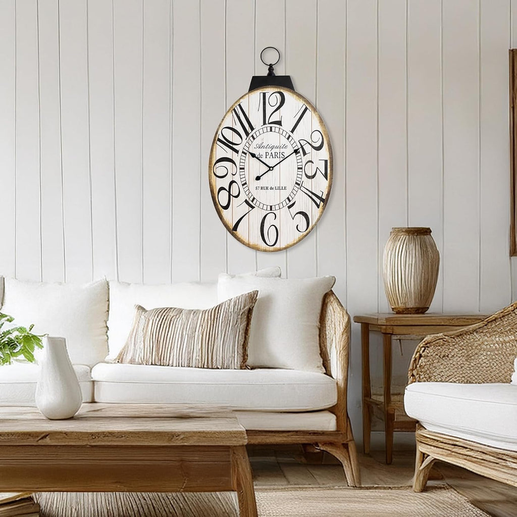 Large Wall Clocks, 29 Inch-High Oversized Oval French Vintage Farmhouse Design