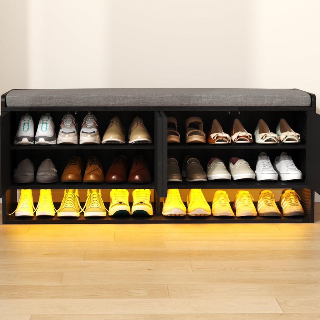 47.2" Fluted Shoe Storage Bench, Entryway Bench with Linen Seat Cushion, Shoe Cabinet Bench with Adjustable Shelf and