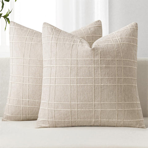 Decorative Linen Check Throw Pillow Covers Neutral Farmhouse Vintage Pillow Covers 18x18 Set of 2 Boho Modern Home Decor