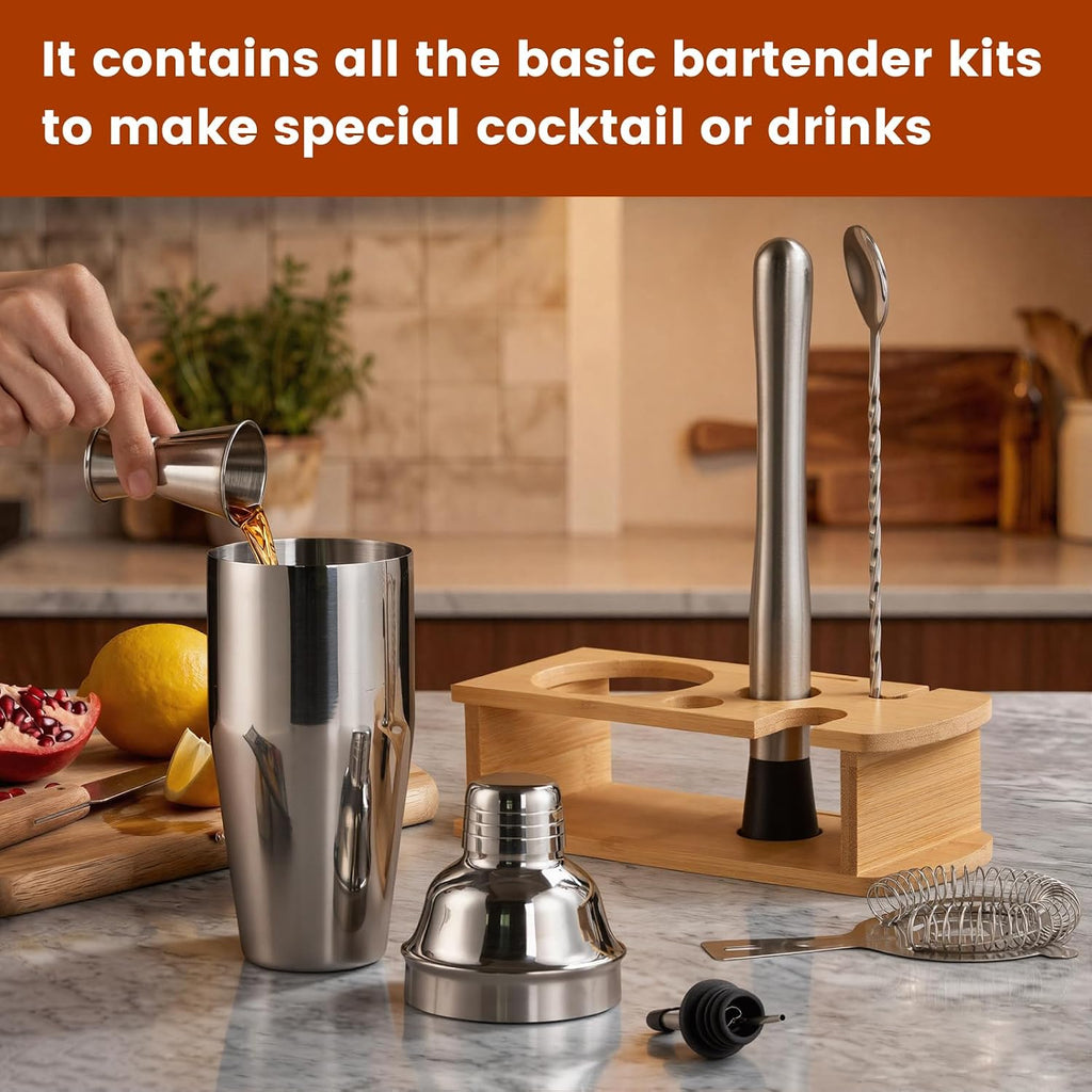 8-Piece Cocktail Shaker Set with Wooden Stand Bartender Kits Bar Set - Set of 8