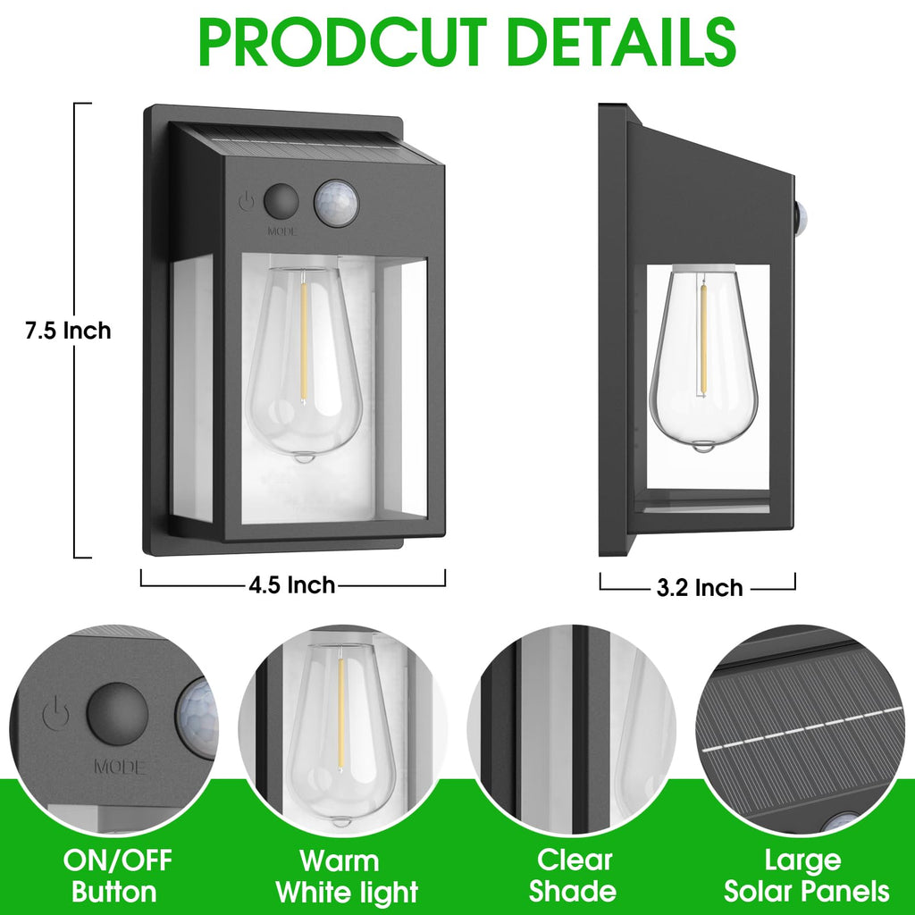 Solar Porch Lights Outdoor 2 Pack, Motion Sensor Solar Wall Lights with 3 Lighting Modes, Dusk to Dawn Waterproof