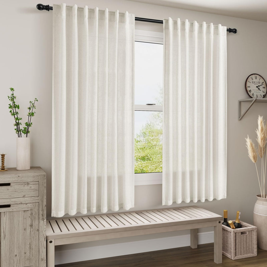 Cream Linen Back Tab Curtains 63 Inch Length 2 Panel Set Neutral Modern Farmhouse Window Curtain Privacy Semi Sheer