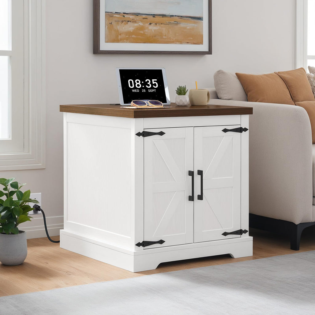 Farmhouse End Table with Charging Station, 24" Large Sofa Table with Barn Door, Rustic Square White Nightstand with