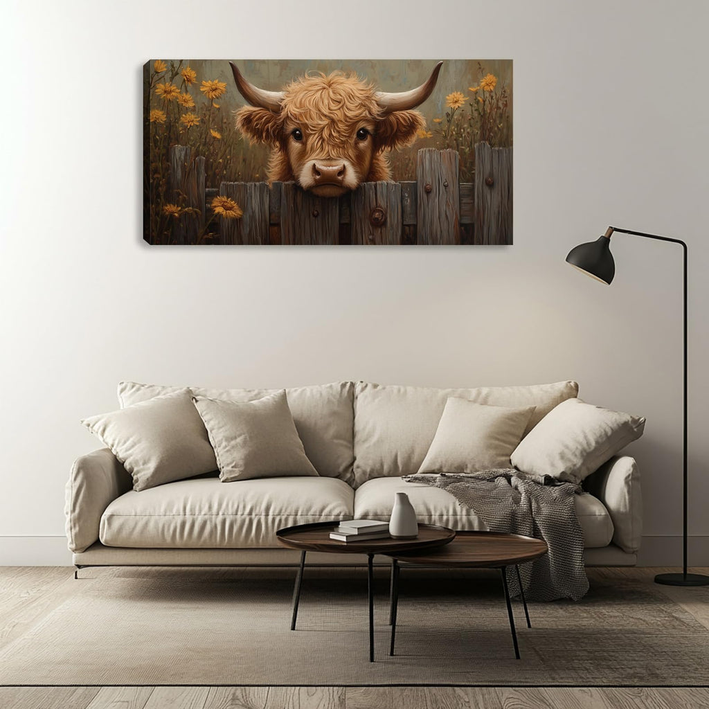 Highland Cow Wall Art Wildflower Canvas Painting Prints Rustic Retro Highland Cattle Wall Decor Artwork Farmhouse