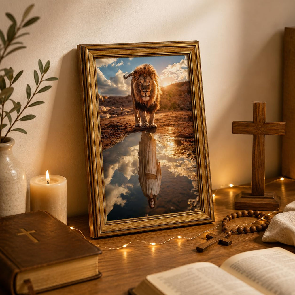 Lion of Judah Jesus Wall Art, Gold Framed Christian Decor, 12x16 inch