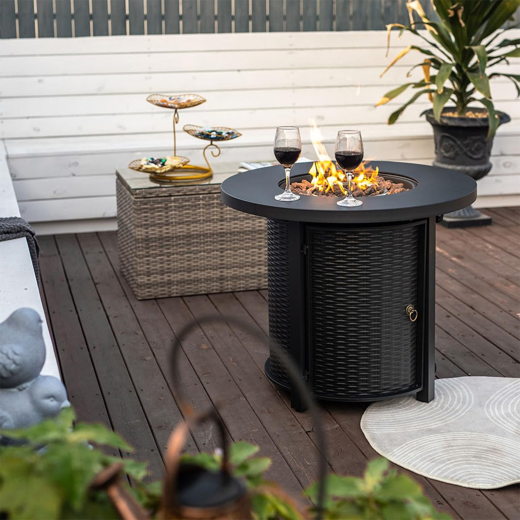 30'' Round Propane Fire Pit Table, 50, 000 BTU Steel Gas FirePit for Outdoor, Fire Table with Lid, Add Warmth &
