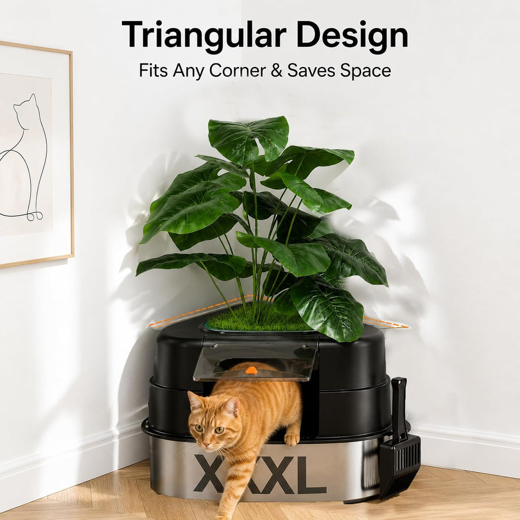 Hidden Corner Cat Litter Box with Faux Plant, Stainless Steel Interior, Covered Odor-Control Enclosure-Black