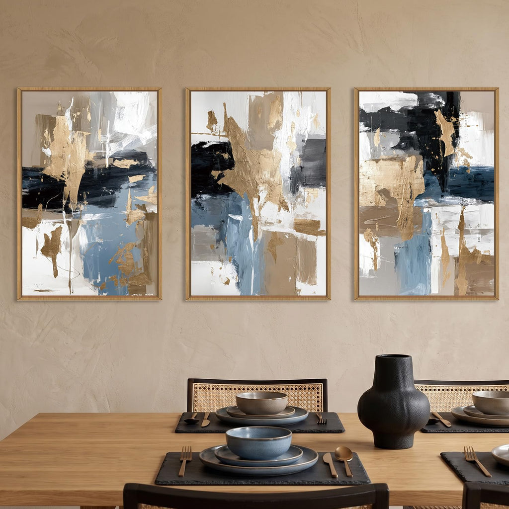 Navy Blue and Gold Abstract Framed Canvas Wall Art Set-16"x24"x3