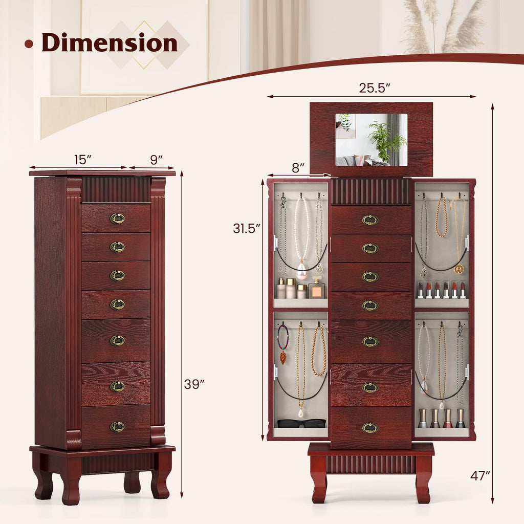 Standing Jewelry Cabinet with 7 Drawers, Flip-Top Mirror, Cherry