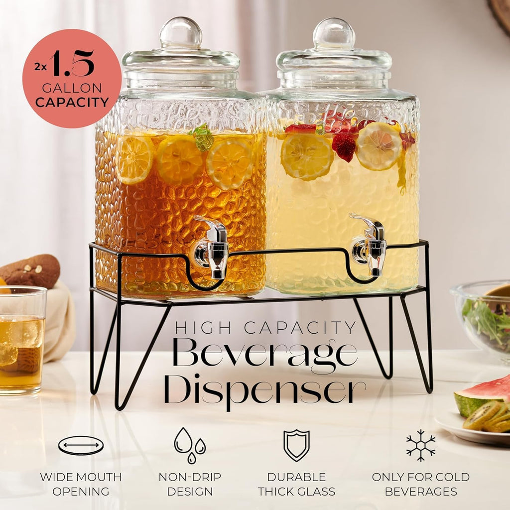Premium Glass Drink Dispensers with Metal Stand for Parties - Beverage Dispenser Set for Cold Drinks, Lemonade