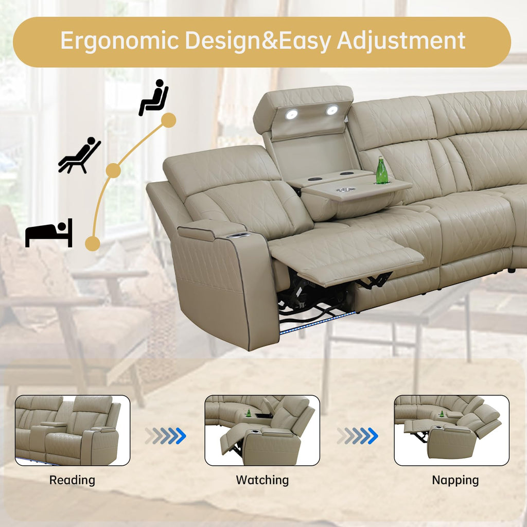 Power Reclining Leather Sectional Sofa Theater, Electric Recliner Couch with Wireless Power, LED Ambient Lighting