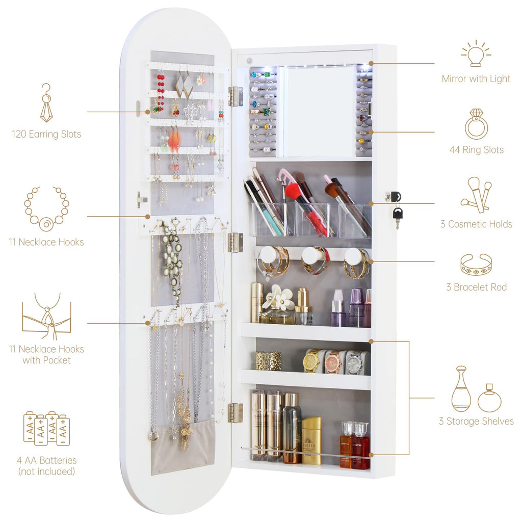 LED Jewelry Cabinet Wall/Door Mounted, RGB Lighted Mirror Jewelry Armoire Organizer Over the Door Full-Length Lockable