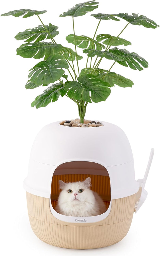 Hidden Cat Litter Box Enclosure with Faux Plant and Odor Control
