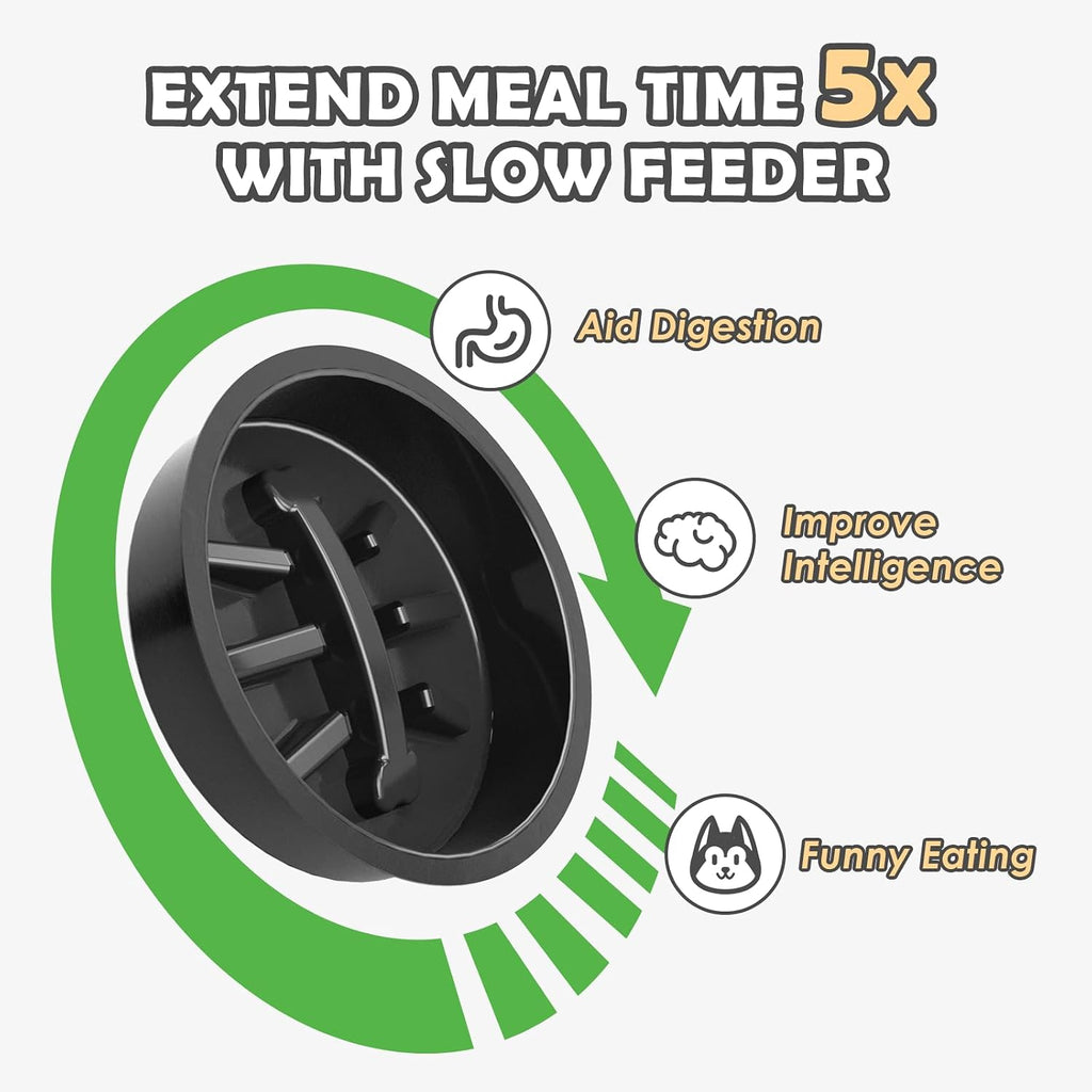 Elevated Dog Bowls with Slow Feeder and Spill Proof Mat, Adjustable Height 4.3-11.8'', Two 1.7L Stainless Steel Food