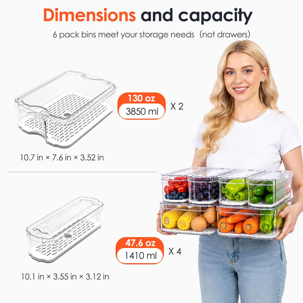 6 Pack Clear Fridge Organizer Bins with Drain Trays - Stackable