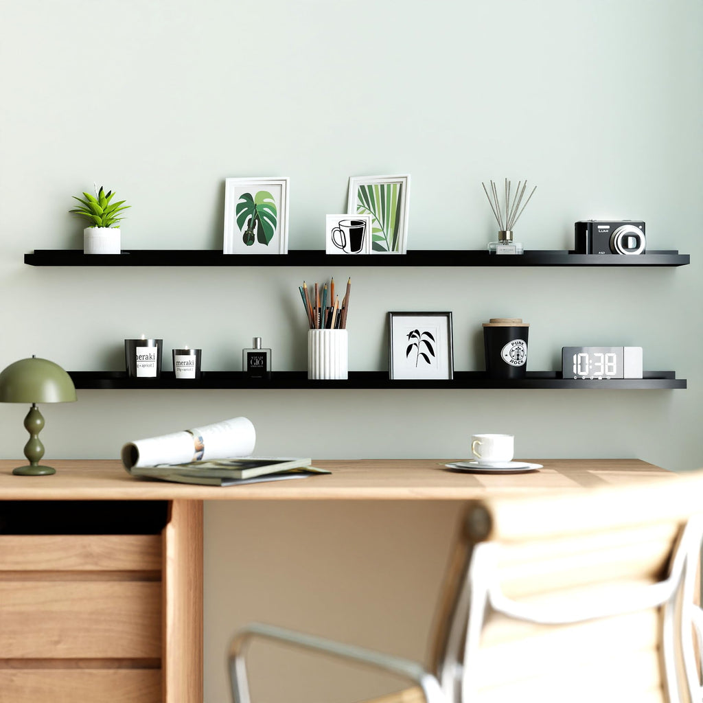 Black Floating Shelves for Wall Decor, 60 in Shelf with Lip Set of 2