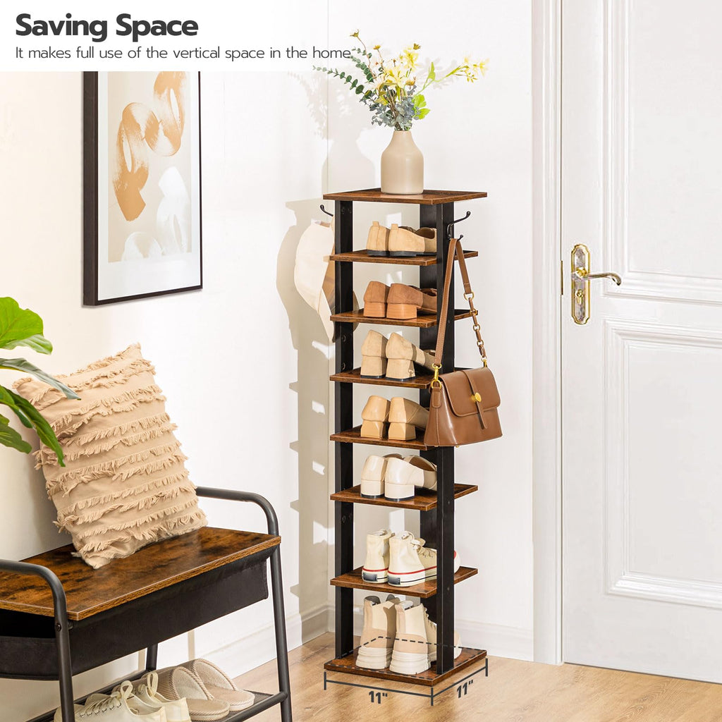 8 Tiers Vertical Shoe Rack, Wooden Shoe Storage Organizer with Hooks, Narrow Shoe Tower for 8 Pairs, Space Saving