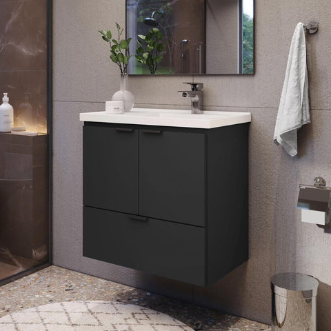 24 Inch Floating Bathroom Vanity with Cultured Marble Sink, Wall-Mounted Cabinet with Soft-Close Door, Modern Design, Black
