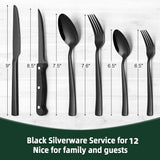 72-Piece Black Silverware Set with Steak Knives, Stainless Steel Flatware Set for 12, Tableware Cutlery Set