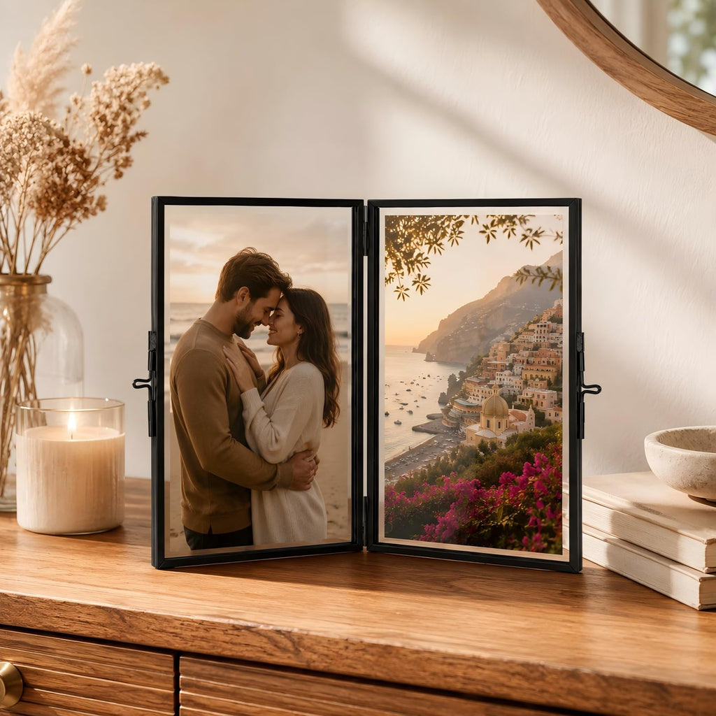 Black Hinged Double Glass Frame 5x7in, Photo Pressed Flower Tabletop Frame