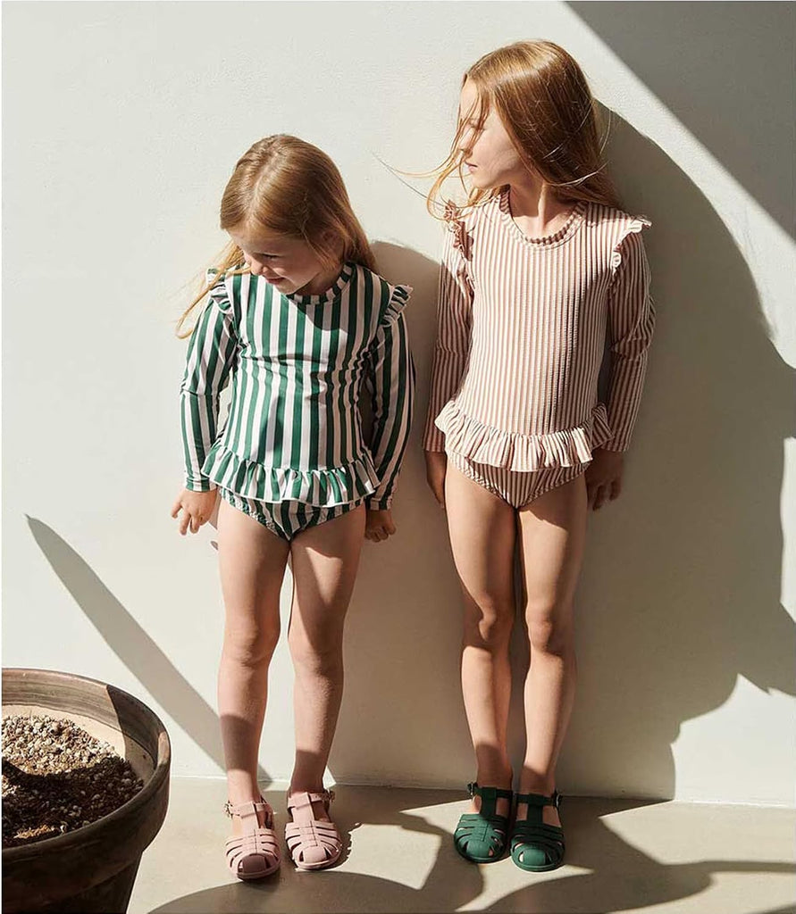 Girls One Piece Swimsuits Zipper Rash Guard Long Sleeve Bathing Suit with Ruffle Hem UPF50+