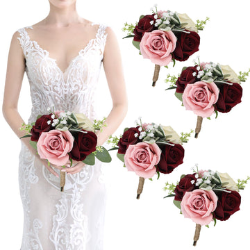 Set of 4 Artificial Bridesmaid Bouquets Blush & Burgundy -7 Inch Silk Rose Wedding Flower Bouquets for Bridesmaid