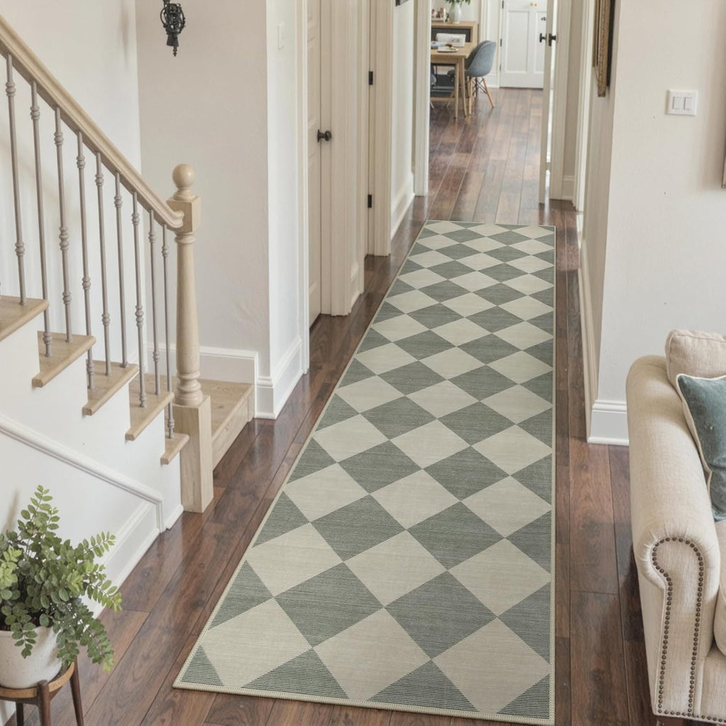 Checkered Print Rug Runners for Hallways 2.5x10, Green Kitchen Runner Rugs Non Skid Washable Ultra T