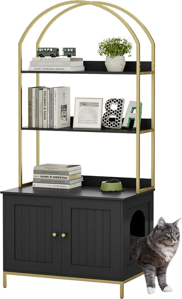 Cat Litter Box Enclosure with 2-Tier Shelves, Black and Gold