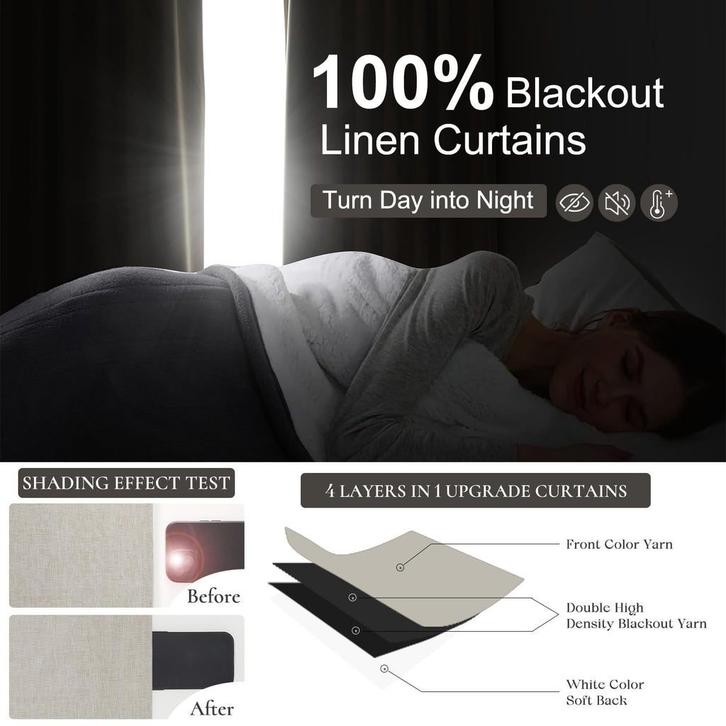 100 Inch Length Extra Wide Pinch Pleated Blackout Curtains 84 Inch Long, Farmhouse Natural Linen Thick Burlap Heavy