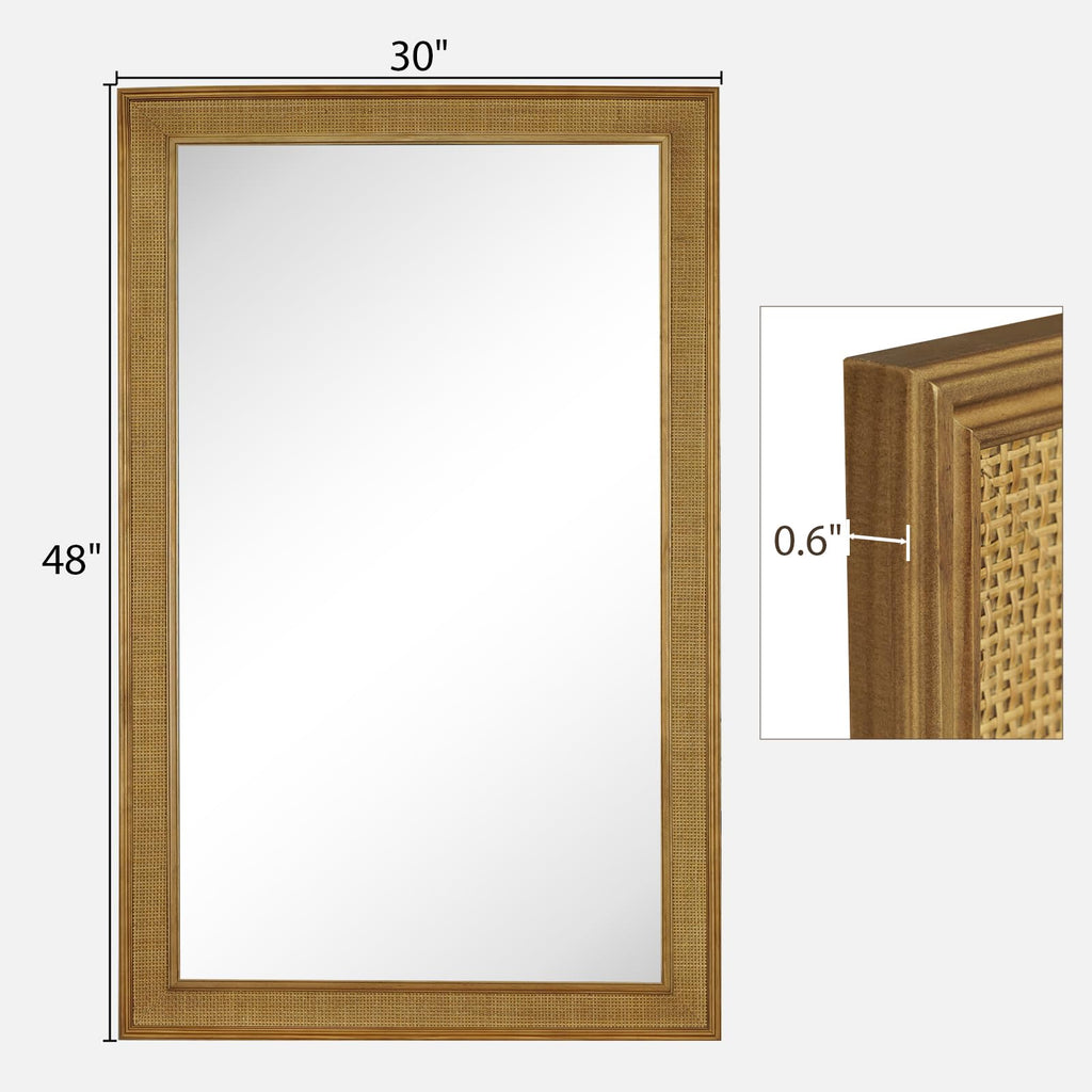 Rattan Wall Mirror Rectangle, 30 X 48 inch Rattan Mirror with Wooden Framed for Wall Decor Bathroom, Living Room