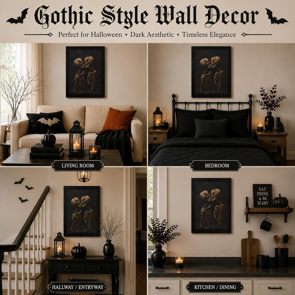 Framed Halloween Skeleton Lovers Wall Art Dark Romantic Kissing Skeletons Pictures Prints Horror and Eeriness Wall