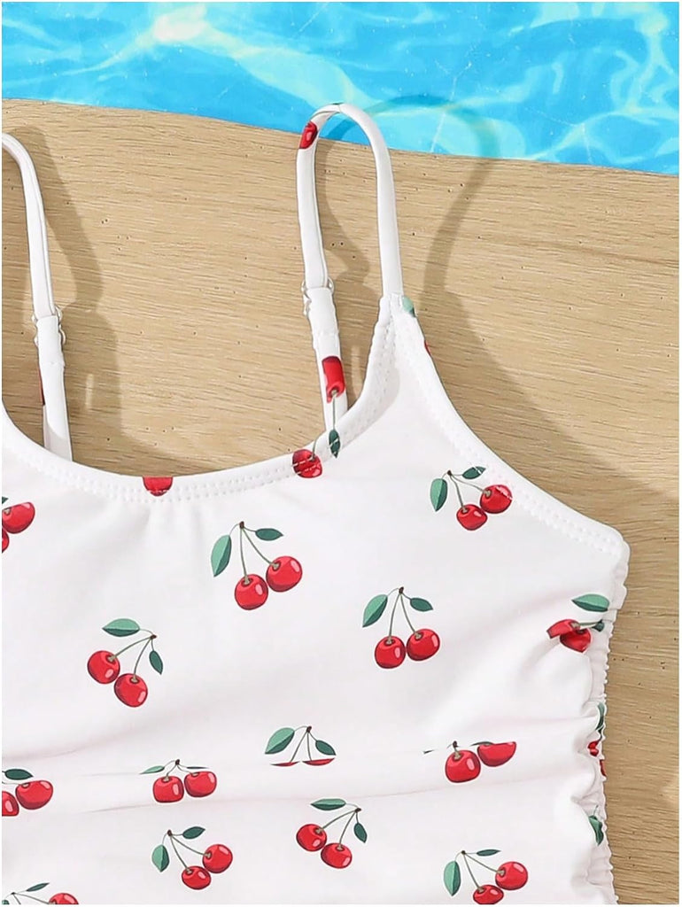 Girl's Cherry Print Swimsuit One Piece Ruched Side Drawstring Summer Beach Bathing Suit