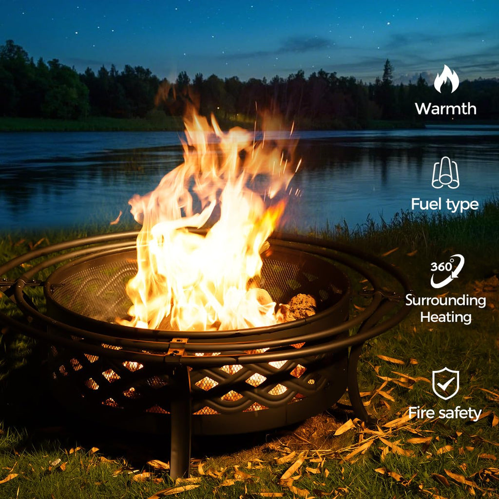 Outdoor Fire Pit with Spark Screen Wood Burning 42 Inch