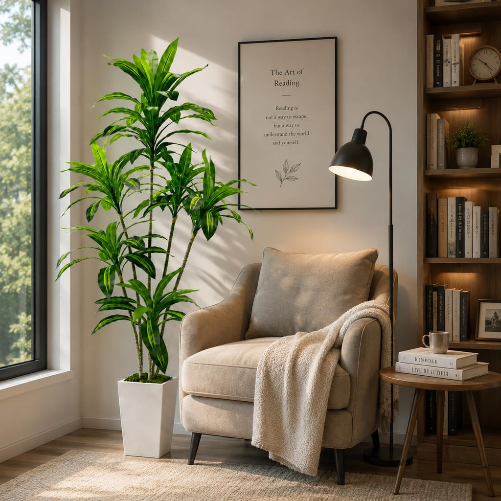 Artificial Dracaena Tree with White Tall Planter, 7FT