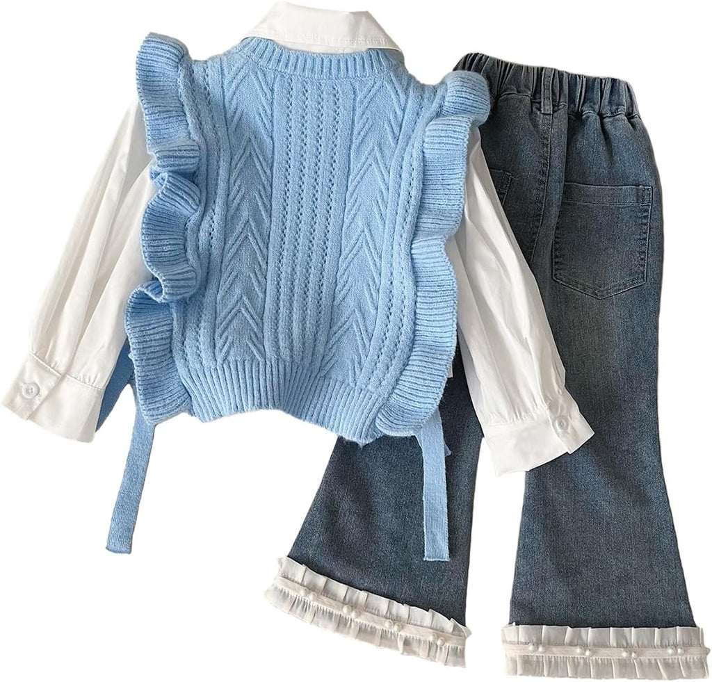 Toddler Girl 3 Piece Set Long Sleeve Shirt with Lace Bow Knitted Vest & Denim Jeans Girls Clothing Sets Fall