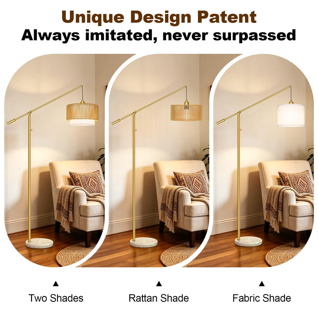 Boho Dimmable Arc Floor Lamp with Adjustable Swing Arm, Gold & Marble Base
