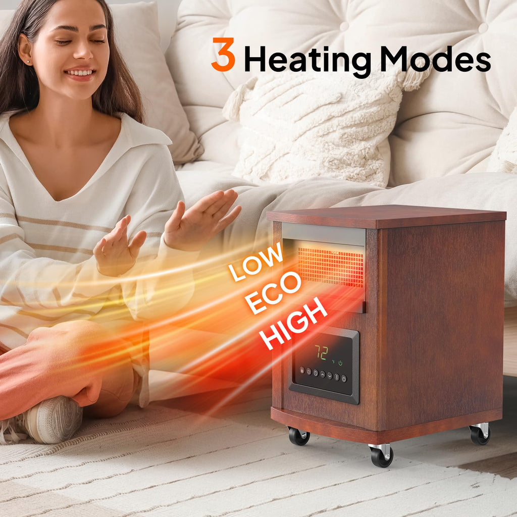 1500W Quartz Infrared Heaters, Electric Space Heater, Portabel Handle & Wheels, 12H Timer, 3 Modes, Tip-Over &