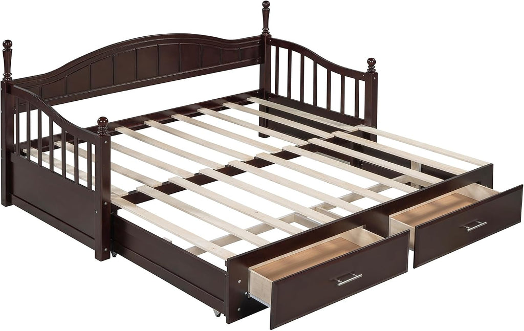 Modern Wood Daybed with Pop Up Trundle Twin to King Extendable Sofa Bed Frame for Kids Teens Adults/No Box Spring