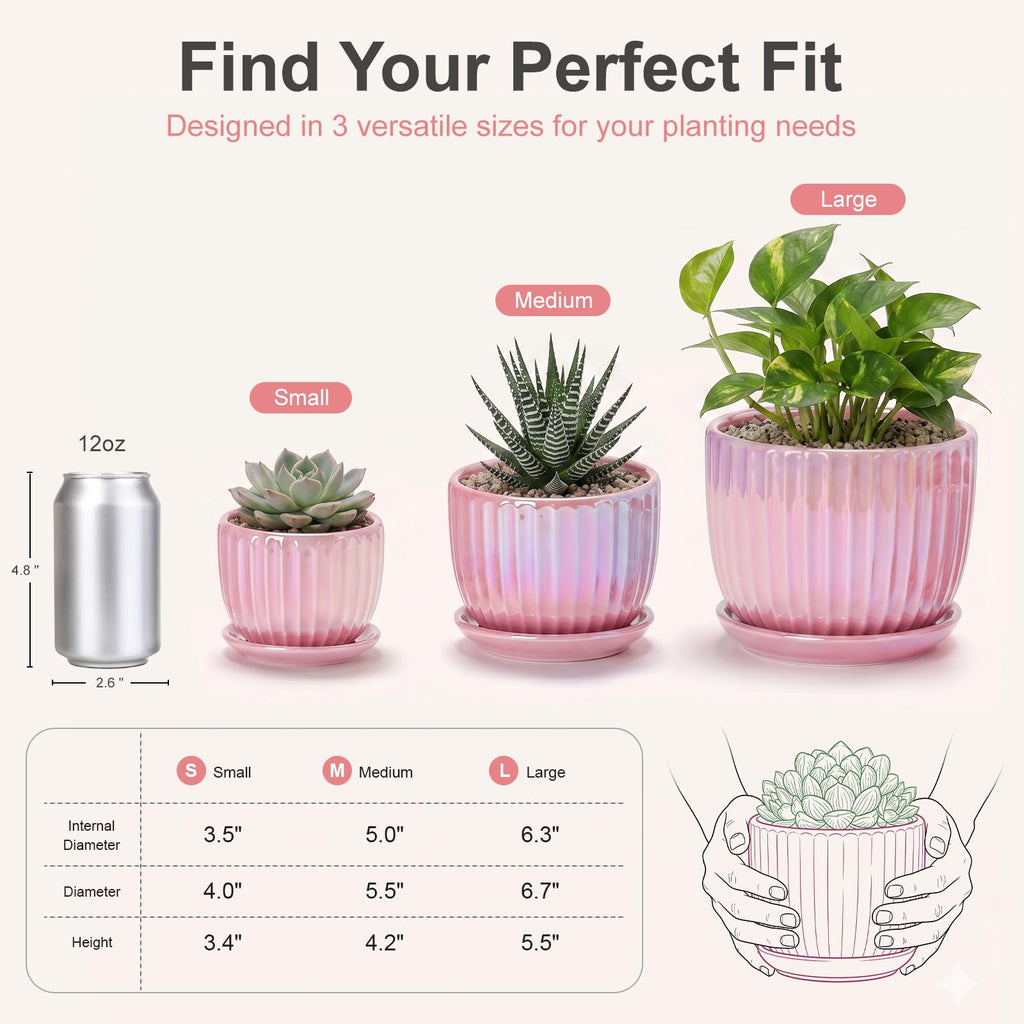 Ceramic Plant Pots 4+5.5+6.7 Inch Indoor Planters with Drainage & Saucers