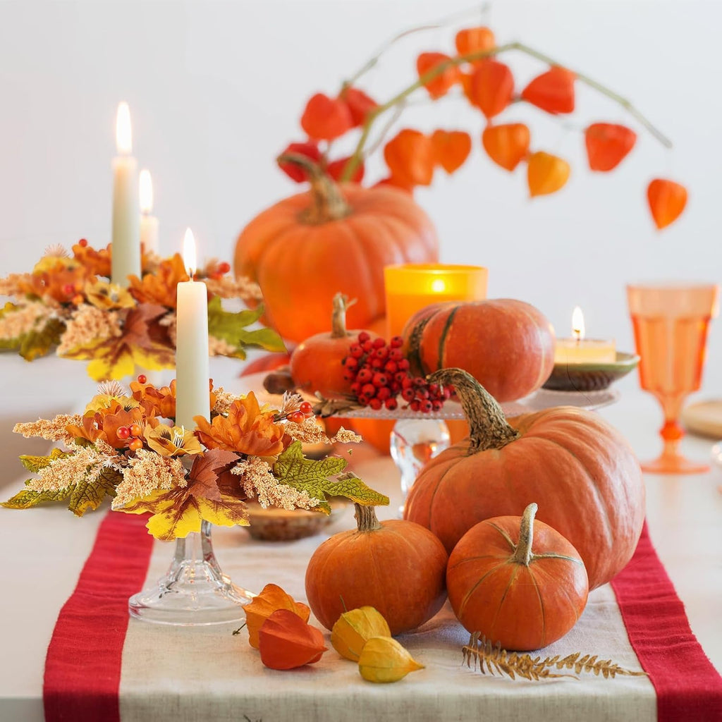 Fall Candle Rings Mini Autumn Floral Candle Wreaths with Berries Table Centerpiece Fall Wreath for Farmhouse - Set of 6