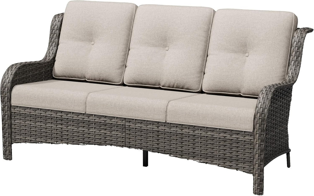 3 Seat Outdoor Couch, Wicker Patio Sofa with Thickened Olefin Cushions, High Back and Deep Seating, Hand-Woven PE