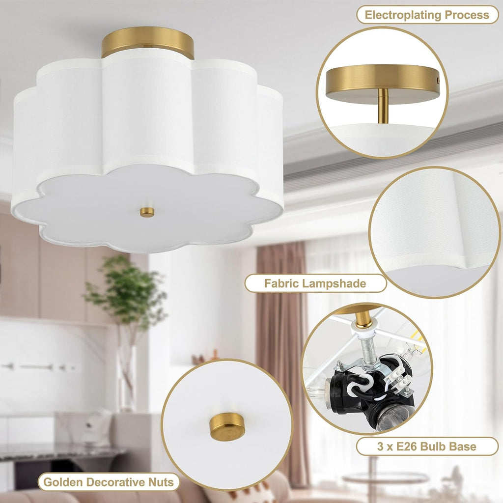 13.3"Semi Flush Mount Ceiling Light Fixture, Light Modern Close to Ceiling Light With Fabric Flower-Shaped Shade