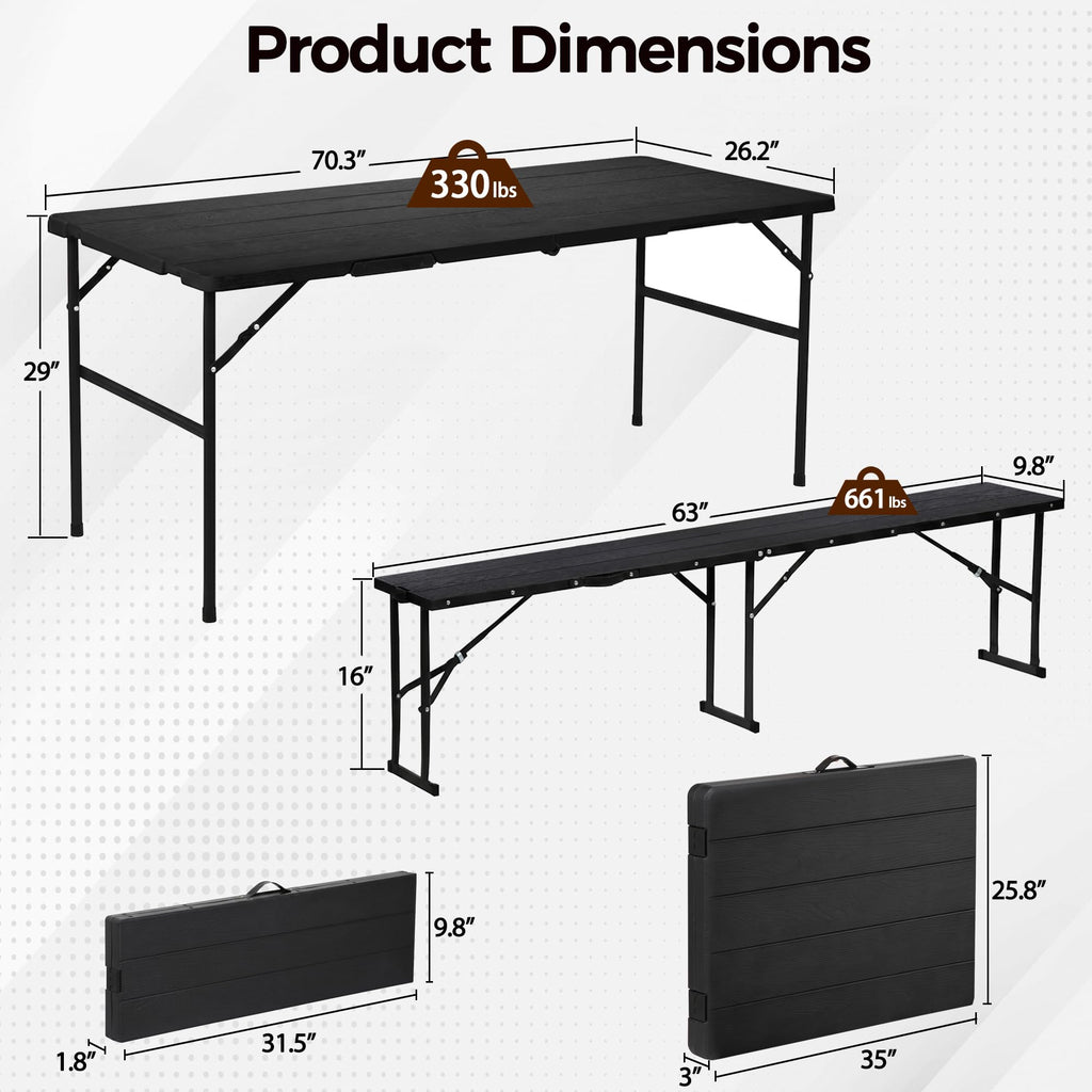 Folding Table Set with 2 Benches, 5.8 FT Camping Picnic Table Set, Outdoor Indoor Portable Furniture for Working