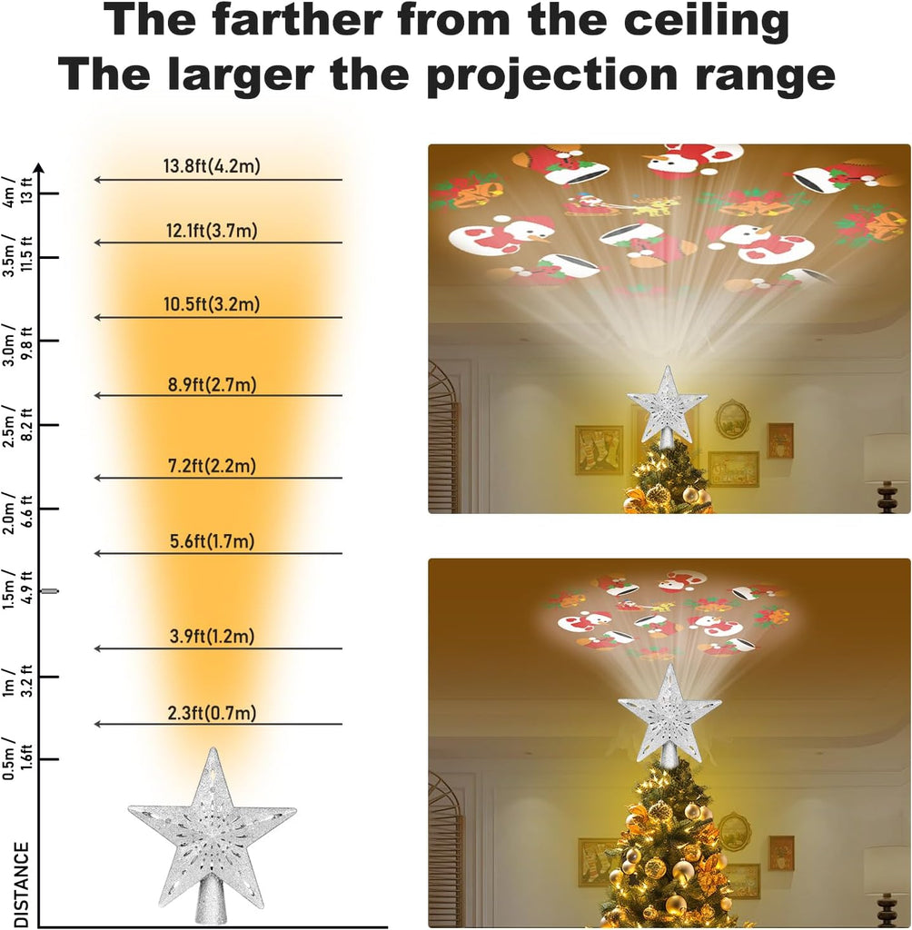 Star Tree Toppers with LED Rotating Lights, Silver
