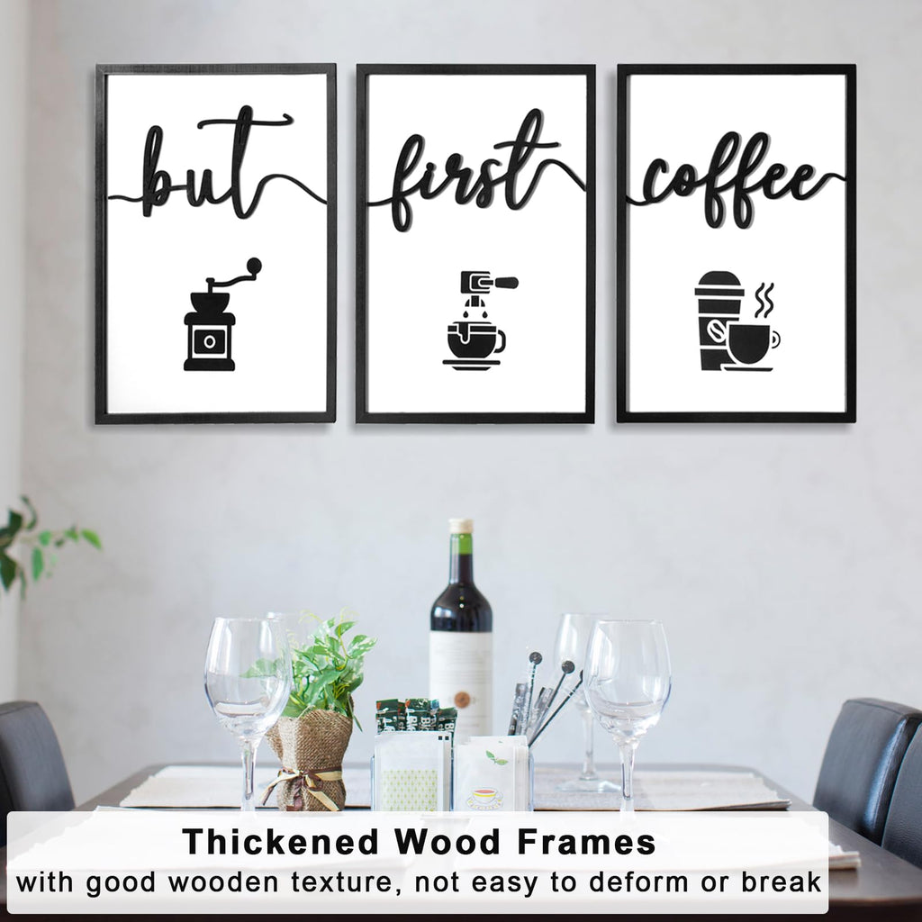 3D Wood But First Coffee Sign, Framed Coffee Bar Wall Decor Wall Art Kitchen Home Office (Ready to Hang, 24x16