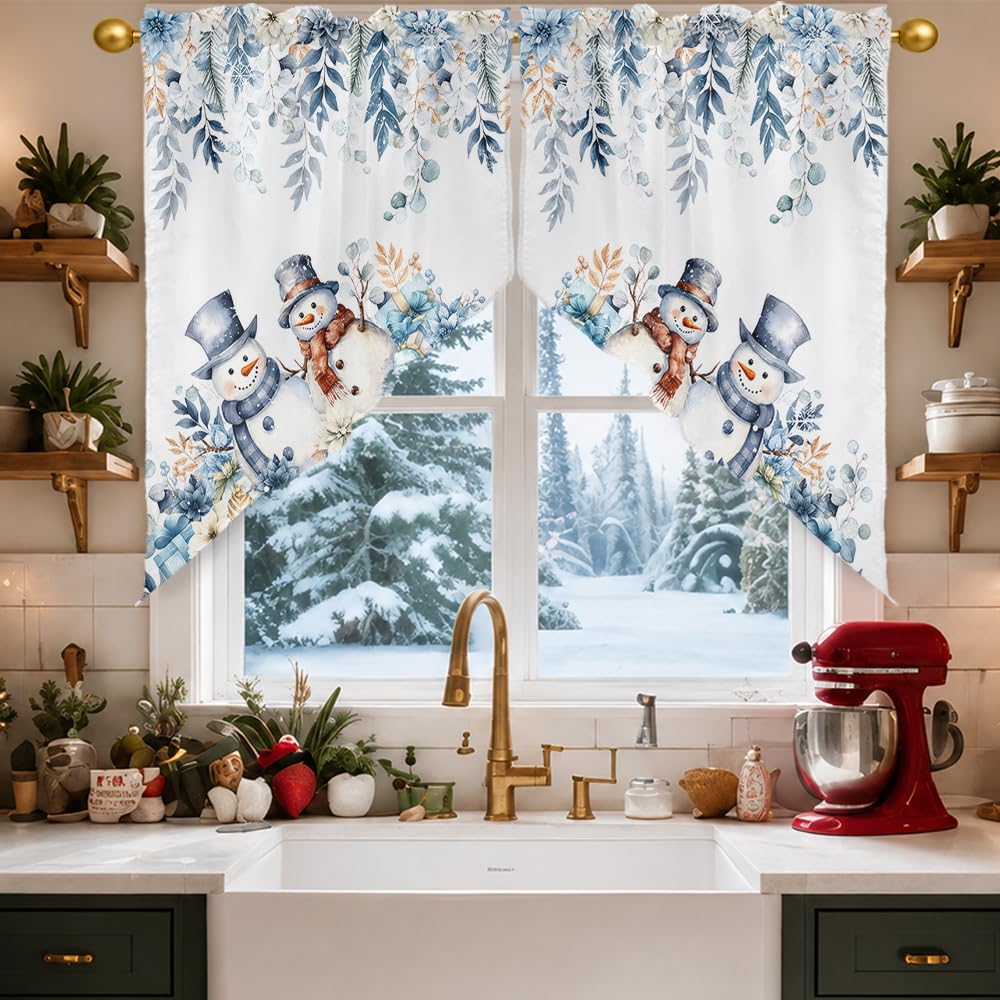 Merry Christmas Snowman Swag Curtain Window, 28"W x 36"L x 2Pc
