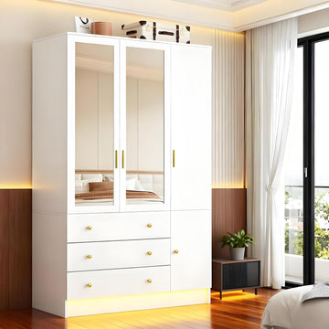 3 Doors LED Wardrobe Closet, 75" Tall Modern Armoire with Mirror & 3 Drawers, Wooden Armoire Wardrobe Closet