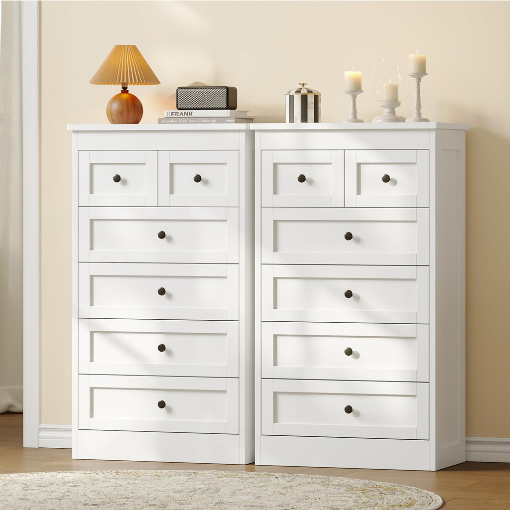 Tall 6 Drawer Dresser, White Modern 43.3'' Tall Wood Chest of Drawers, Storage Organizer with Smooth Metal Rails &