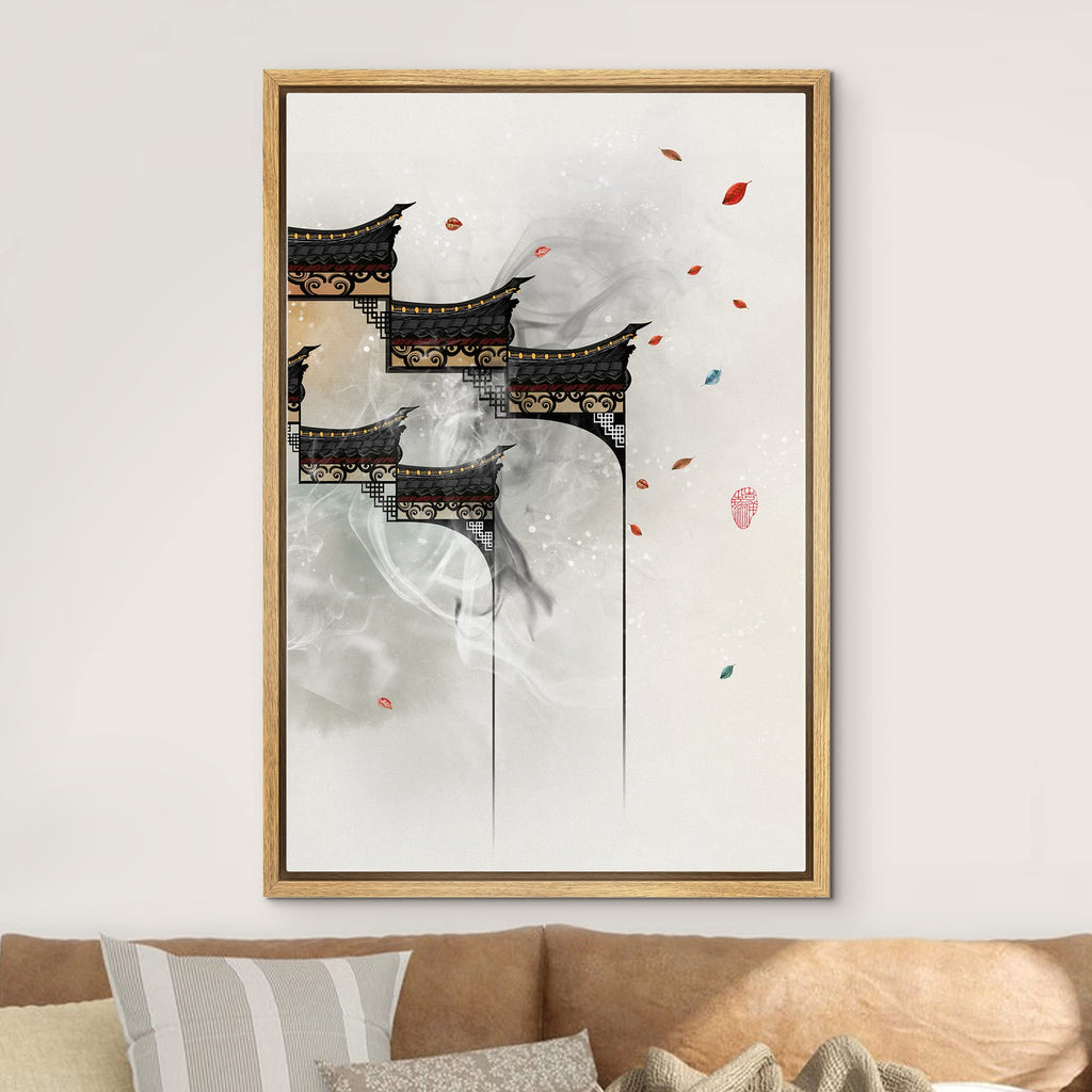 Framed Canvas Print Wall Geometric Chinese Style Leaves & Architecture Nature Wilderness Illustrations Modern Rustic